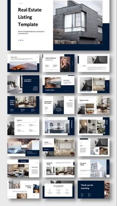 the real estate listing template is shown in blue, white and gray colors with an image of