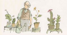 an old man is standing in front of some potted plants and looking at the ground