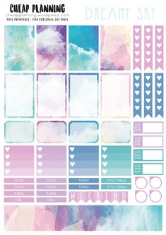 the printable planner stickers are shown with hearts and clouds in pastel colors