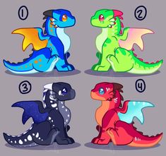 four different types of cartoon dinosaurs with numbers in the middle and one on each side