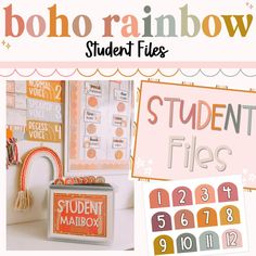 there are some school supplies on the table and in front of it is a sign that says, boho rainbow student files