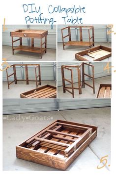 the steps to build a diy collapsible potting table from pallets