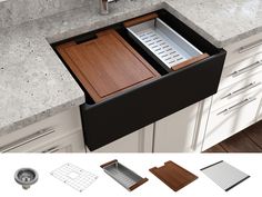 an open drawer in the middle of a kitchen counter with various accessories and materials around it