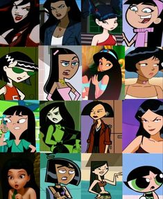 the many faces of cartoon characters with different facial expressions and hair colors, including one woman's face