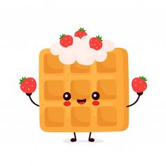 waffles with cream and strawberries on top, cartoon character holding hands up