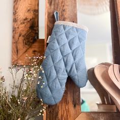 a blue oven mitt hanging on the side of a wooden wall next to a potted plant