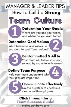 a poster with the words how to build a strong team culture in purple and white