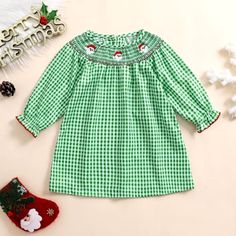 Brand New In Package 100% Polyester Christmas Santa, Kids' Dresses, Sleeve Dress, Smocking, Gingham, Sewing Projects, Colorful Dresses, Long Sleeve Dress, Brand New