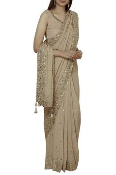 Shop for Arpan Vohra Beige Georgette Embellished Pre-draped Saree for Women Online at Aza Fashions Festive Bollywood Embellished Pre-draped Saree, Festive Hand Embellished Draped Saree, Party Wear Embellished Pre-draped Saree For Festivals, Hand Embellished Pre-draped Saree For Festivals, Festival Hand-embellished Pre-draped Saree, Hand Embellished Saree For Diwali, Diwali Hand Embellished Traditional Drape Saree, Diwali Hand Embellished Traditional Saree, Party Wear Pre-draped Saree With Gota Work