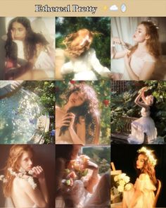 the collage shows different images of women in white dresses and flowers on their heads