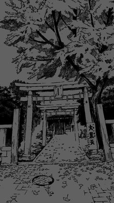 an ink drawing of a gate and trees