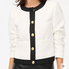 This Is The Prettiest Tweed Jacket/ Blazer From J.Crew. White With Black Trim- Very Classic. Gold Buttons. Cropped Length- It Hits At The Hip. Brand New With Tags. Size 14. See Pics For Details. I Love It But It’s A Little Short On Me. Great With Jeans, A Skirt Like They Show Or A Dress. A Total Forever Piece. White Cropped Jacket, Lady Jacket, Fall Suit, Womens Tweed Jacket, Black And White Tweed, Jacket For Women, Jcrew Women, Womens Blazers, Plaid Blazer