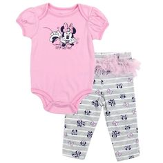 NEW! Minnie Mouse Girls 2PC Creeper Pant Set Color: Pink Sizes: 0/3M-3/6M-6/9M  60% cotton 40% polyester Machine wash Disney Stroller, Minnie Mouse Outfit, Mouse Outfit, Minnie Mouse Outfits, Disney Clothes