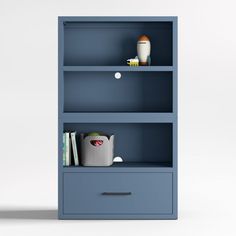 a blue book shelf with books and other items on it, against a white background