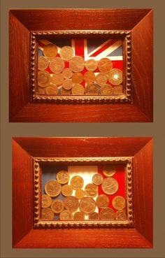 two framed pictures with gold coins in them and the british flag painted on one side