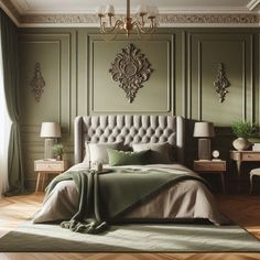 a bedroom with green walls and wooden flooring has a large bed in the middle