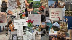 a collage of images with people and signs on them, including flowers, pictures, photos, and words