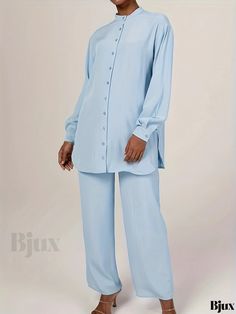 Bjux - Premium Plus Size Womens Elegant Outfit Set: Solid Long Sleeve Stand Collar Button-Up Shirt & Pants Two-Piece Set Blue Button-up Workwear Sets, Spring Workwear Pant Set With Button-up, Spring Button-up Pant Set For Work, Spring Daywear Sets With Button Closure, Button-up Sets For Daywear, Button-up Sets For Daywear With Buttons, Relaxed Fit Button-up Sets With Buttons, Lash Sets, Plus Size Womens