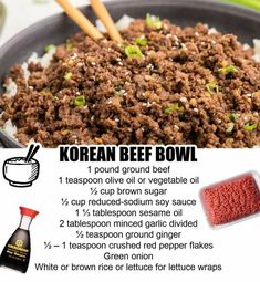 korean beef bowl recipe with instructions for cooking it in a skillet, including ground beef and seasoning