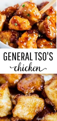 general tso's chicken recipe is shown in two different pictures with the words general tso's chicken above it