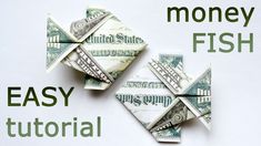 two origami fish made out of dollar bills with the words money fish on it