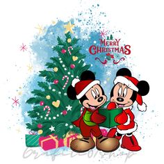 two mickey and minnie mouse characters near a christmas tree