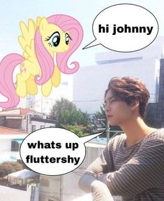 a woman with a comic bubble saying what's up fluttershy