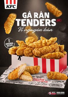 an advertisement for kfc's garani tenders with chicken wings in a box