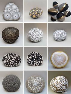 many different types of decorative rocks are shown in this image, including black and white