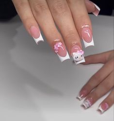 Short Coffin Hello Kitty Nails, Hello Kitty Nails Medium Square, French Tip With Hello Kitty Charm, Hello Kitty Medium Nails, Hello Kity Nails Acrylic, Short Nails Ideas Hello Kitty, Valentines Day Nails Hello Kitty, Hello Kitty Nails With Initial, Hello Kitty Christmas Nails Short