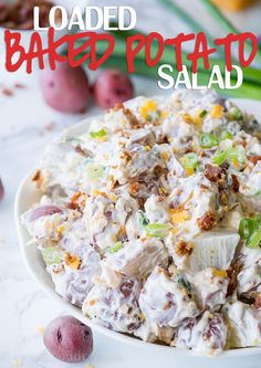 loaded baked potato salad in a white bowl