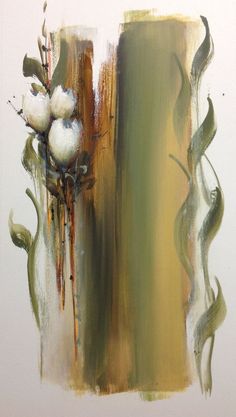 an abstract painting with white flowers and green leaves