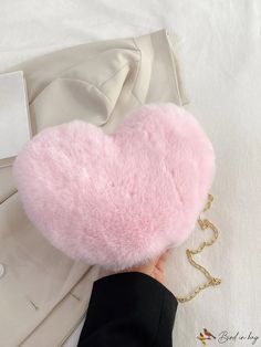 BirdinBag - Chic Heart Shaped Novelty Bag with Fuzzy Decoration and Chain Heart-shaped Bags For Valentine's Day, Chain Pattern, Novelty Bags, Word Wrap, Chain Bag, Pink Beige, Bag Bag, Chain Bags, Dusty Pink