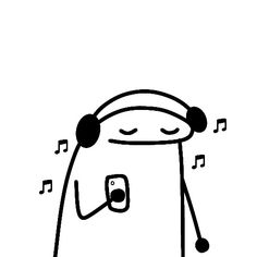 a black and white drawing of a cartoon character with headphones, holding a cell phone