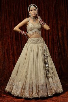 Light gold attached cancan lehenga with gota, dori, sequin embroidered border. Paired with silk chanderi embroidered padded blouse and net border embroidered sheer dupatta. - Aza Fashions Cancan Lehenga, Sheer Dupatta, Gold Lehenga, Lehenga Pattern, Padded Blouse, Embroidered Lehenga, Embroidered Border, Buy Gold, Beaded Tassels