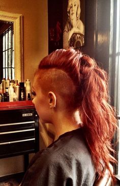 Shaved hair. fohawk. #hair, #haircassiewebb, #brockcassidiesalon Ponytail Shaved Sides And Back, Shaved Side Wedding Hairstyles, Long Hair Mohawk, Modern Ponytail, Hairstyles With Shaved Sides, Men Ponytail, Red Hairstyle