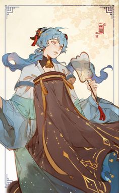 an anime character with blue hair holding a fan in one hand and wearing a long dress on the other