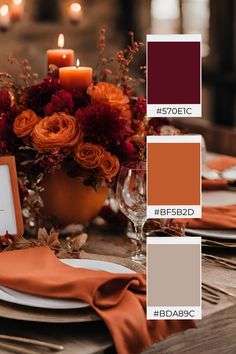 the table is set with orange and red flowers, candles, and place settings for dinner