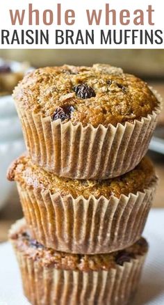 three muffins stacked on top of each other with the words whole wheat raisin bran muffins