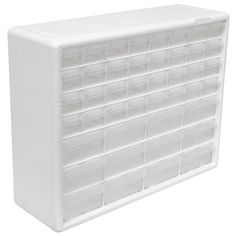 a white plastic drawer with many drawers on it's front and back sides,