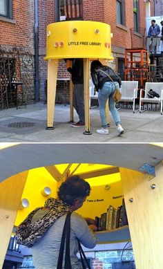 two pictures of people standing in front of a yellow sign on the side of a building