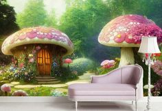 a pink couch sitting in front of a mushroom house