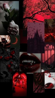 a collage of images with red and black colors in the background, including roses