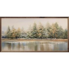 a painting with trees and water in the foreground, it is framed on a white wall