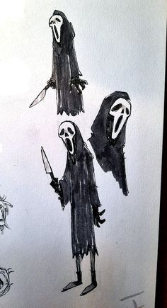 three black and white drawings of people in costumes with grimsticks on their hands