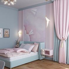 a bedroom decorated in pastel blue and pink with curtains on the window sill