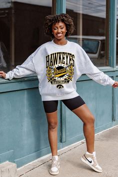 IOWA HAWKEYES BASES LOADED PREMIUM FLEECE DROP SHOULDER CREWNECK PULLOVER Rainy Day Attire For Football Game 2022, Collegiate Style Sweatshirt For Sports Events, Collegiate Crew Sweatshirt For Sports Events, Collegiate Style Sweatshirt For Baseball Season, Collegiate Mascot Sweatshirt For Game Day, Collegiate Sweatshirt With Mascot For College, Collegiate Mascot Sweatshirt For College, College Mascot Sweatshirt Fan Apparel, College Fan Apparel Sweatshirt With Mascot