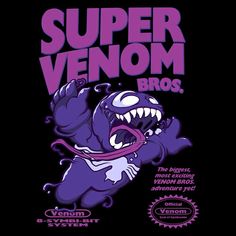 an advertisement for the super venom bros game, featuring a purple monster with its mouth