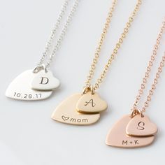 "Mother's Day Heart Necklace, Mom Necklace Kids Initials, New Mom Necklace, Nana Necklace, Gift for Her, Gift for Grandma, Gift for Mom Personalize this beautiful heart with the word of your choice and an initial for each of your little ones! Offered in quality 14k gold fill, sterling silver, and rose gold fill, a beautiful piece your wife, mom, grandma, best friend, any special woman in your life will enjoy and wear close to their heart. HOW - TO - ORDER 1. Select your options from the drop dow Valentine's Day Double Heart Necklaces, Double Heart Charm Necklaces For Wedding And Mother's Day, Valentine's Day Double Heart Necklace With Hallmark, Double Heart Charm Necklaces For Wedding On Valentine's Day, Double Heart Charm Necklace For Valentine's Day Anniversary, Personalized Double Heart Necklaces For Mother's Day, Valentine's Day Double Heart Charm Necklace For Anniversary, Heart Charm Necklace For Wedding And Mother's Day, Valentine's Day Double Heart Charm Necklace For Mom