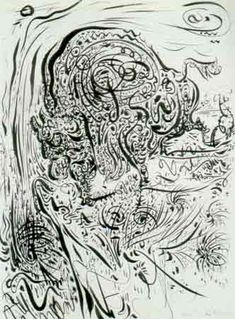 an ink drawing of a woman's face with swirls and bubbles in the background